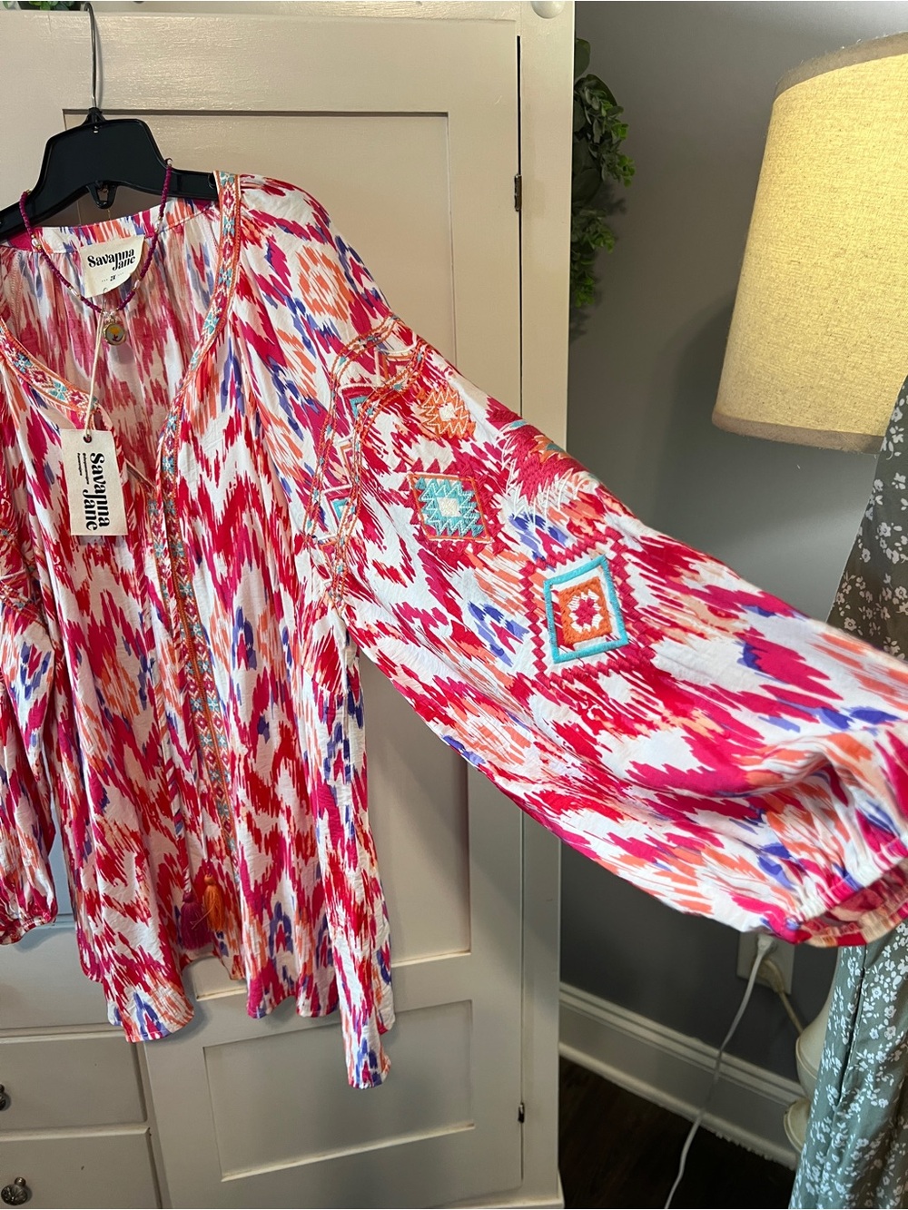 Savanna Jane Red Ikat-Print Boho Peasant Tunic with Multicolor Trim